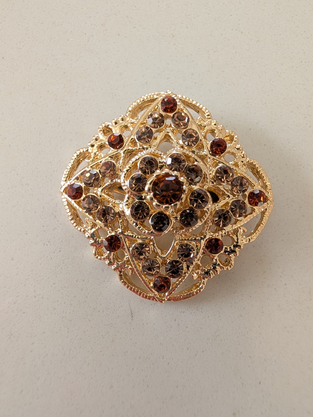 Gold-Tone Orange Crystal Filigree Brooch